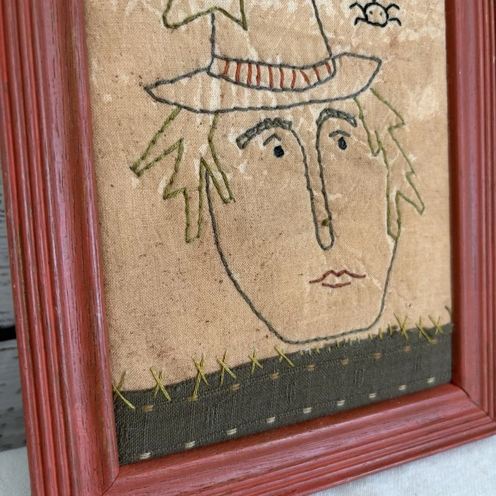 Hand Sewn Embroidery Witch Portrait Wall Spider Witchy Hat Primitive Folk Granny